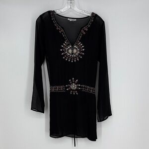 Vtg Y2K Cotton Express Black Sheer Embroidered Tunic Top size large